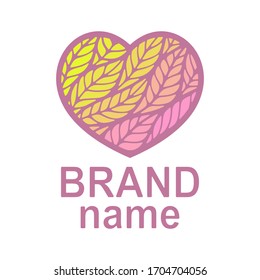 Logo heart with leaves or spikelets. Pink yellow gradient. Beautiful icon, stylish sign or corporate identity for boutique, grocery store, fashion, business or bakery. Vector illustration.