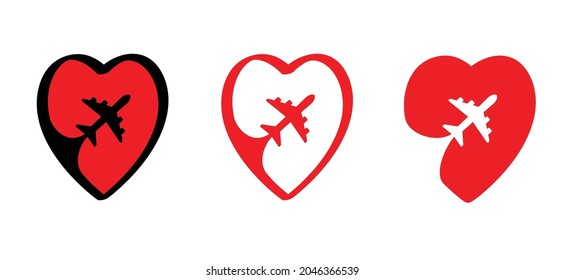 Logo Heart, Travel Logo. Airplane Flying Route With Heart Icon. Love Romantic Travel And Tourism. 