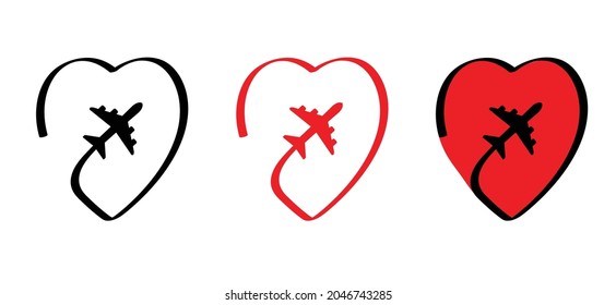 Logo heart, travel logo. Airplane flying route with heart icon. Love romantic travel and tourism. Air plane line path of air plane flight route. Vector fly location pictogram. For vacation, holliday.