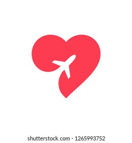 Logo Heart wiht airplane inside, love to travel, flat design, vector. Concept illustration on travel and tourism.