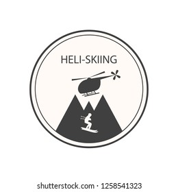 Logo for Heli-skiing club with helicopter, mountains and skier. Can used for postcard, personal card, banner, flyer, invitation or for print. File with clearly labeled layers for easy editing. EPS 10