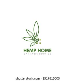 logo hemp home, with simple windows and art line cannabis vector