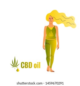 Logo with hemp leaf and text CBD oil. Beautiful young girl walks. Isolated on white background. Flat style stock vector illustration.
