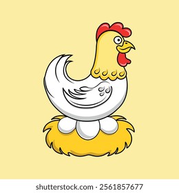 Logo hen hatching eggs in a nest. Black outline, lines. Simple vector style mascot illustration, white background