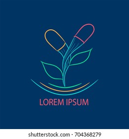 Logo herbal pills, homeopathy logo, natural preparations sign, natural supplements icon, pharmacy, nature treatment, medical capsule with leaves, medicine eco pill. EPS10