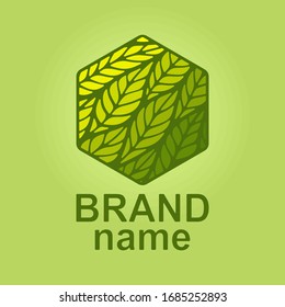 Logo hexagon with green leaves inside. Eco icon, sign, symbol, brand identity for business, agriculture, cosmetics, organic products, natural healthy foods, environmental projects. Vector illustration