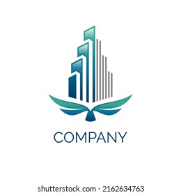 logo high rise building with blue color and wings bird eagle dove flay in the sky. suitable for architecture civil construction company business