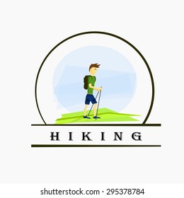 Logo of hiking with an athlete man with sticks walking in the countryside.