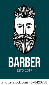 Logo of hipster head with beard. Hand-Drawn Doodle Vector illustration. Logo for barber shop, pab, bar