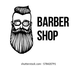 Logo of hipster head with beard. Hand-Drawn Doodle Vector illustration. Logo for barber shop, pub, bar