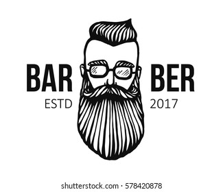 Logo of hipster head with beard. Hand-Drawn Doodle Vector illustration. Logo for barber shop, pub, bar