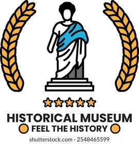 A logo for a historical museum that features a statue of a man wearing a robe. The logo is surrounded by four stars and a crown of wheat