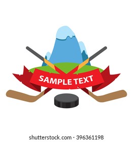 The logo of the hockey club or competition, crossed hockey sticks, puck and mountains.