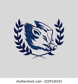 Logo of hog with student cap and bay leaves around. Vector illustration.