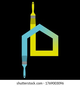 Logo for a home paint company consisting of a line representing a house and blue and yellow brushes on a black background.