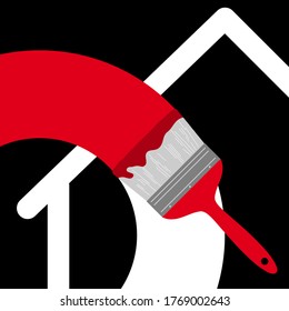 Logo para un pintor casero que consiste en una casa de línea y un pincel que hace un trazo circular de pintura roja sobre un fondo negro.