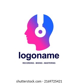 Logo home studio. Stylish asian man, listening music in headphones on mobile phone app. Flat illustration. Vector. Computer. 03