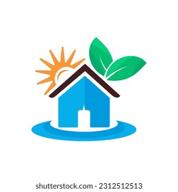 logo home with sun and green leaves
