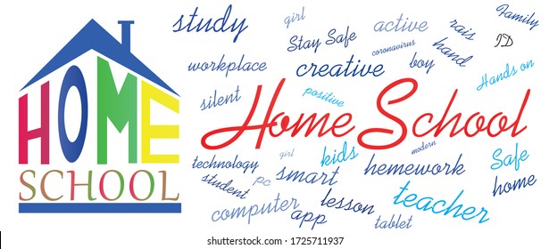 Logo of homeschool. Letters under the roof. Homeschooling education. Vector illustration on isolated background. Homeschool word cloud on a white background.