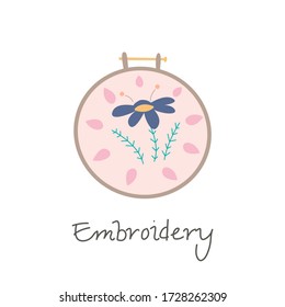 Logo hoop with embroidered flowers on a white background. Vector isolated knitting symbol for a shop with embroidery, embroidery courses, thread, machine embroidery.