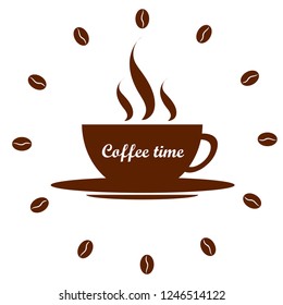 Logo hot coffee Cup on white background with coffee beans in a circle vector illustration