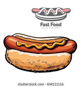 Logo Of A Hot Dog And Sketch Realistic Illustration For Your Cafe Or Menu