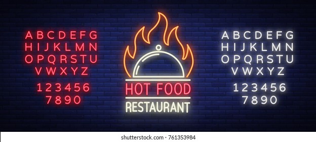 Logo of a hot food restaurant, neon sign, logo, emblem isolated Vector illustration. Bright luminous sign. This logo is suitable for: restaurant, spicy dishes barbecue parties. Editing text neon sign.