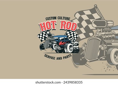 logo A Hot Rod advertisement featuring a car with a checkered flag behind it. The ad is for a custom car service and repair shop