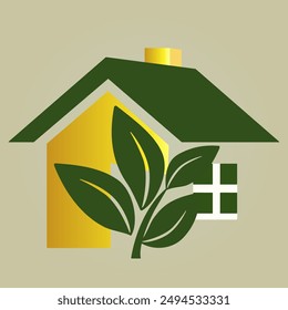 Logo with a house and a decorative tree in front of it. House with windows