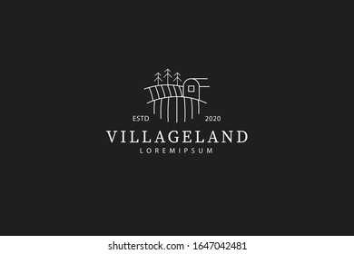 logo of the house on the grass field. illustration of a farmer's house on a plantation. vector line icon template