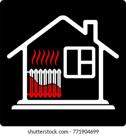 Logo House With Radiator Heating. Saving Resources. High Efficiency. High Cost Of Heat. Black And Red.