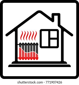 Logo House With Radiator Heating. Saving Resources. High Efficiency. High Cost Of Heat. Black And Red.