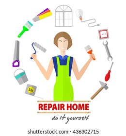 Logo house remodel service,  tools to repair , design of  banners with tools to repair , the inscription repair home, do it yourself.