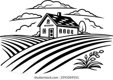 A logo house, sky and field of black lines white background