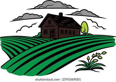 A logo house, sky and field in the form of lines white background