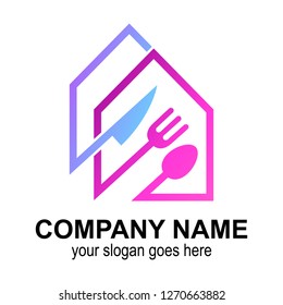 logo of house with spoon, fork and knife, kitchen icons,food and restaurant symbol
