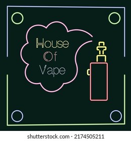 LOGO HOUSE OF VAPE es una caricatura vectorial, un doodle lindo con Neon Lights. Adecuado para el diseño de camisetas, mercadería, pegatinas, logotipos de tiendas, etc.