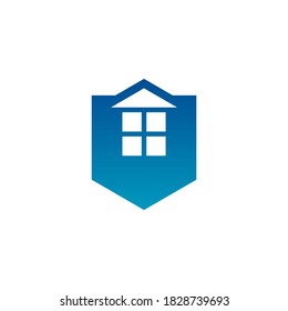 logotipo de una casa y ventanas en forma de escudo geométrico