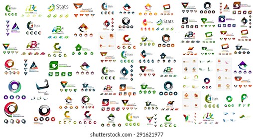 Logotipo enorme mega coleção, abstrato geométrica ícone empresarial conjunto - letras gira ondas e outras formas. Símbolos universais limpos modernos