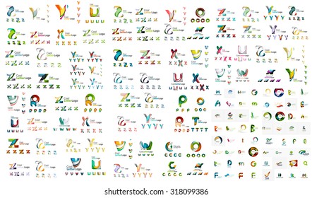 Logotipo enorme mega colección, conjunto abstracto de iconos geométricos de negocios - las letras giran olas y otras formas. Símbolos universales limpios y modernos