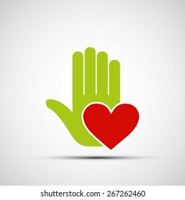 Logo of a human hand holding a red heart. Vector image.