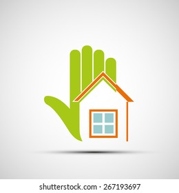 Logo of the human hand and at home. Vector image.