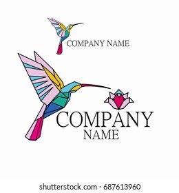 Logo Hummingbird. For companies related to creativity, art, beauty. Figures of birds of hummingbird and a flower in origami style. Light background