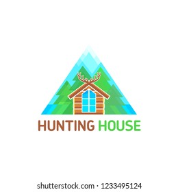 Logo Hunting lodge horn deer forest on peak mountains background