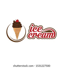Logo Ice cream. Italian ice cream emblem. Ice cream in a waffle cone with letters in a circle.