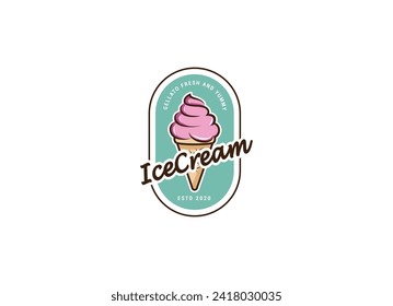 Logo Ice cream. Italian ice cream emblem. Ice cream in a waffle cone with letters in a circle.