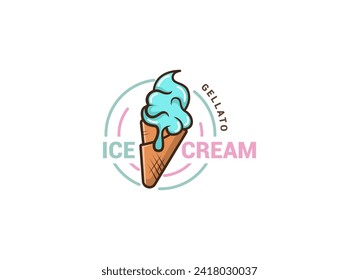 Logo Ice cream. Italian ice cream emblem. Ice cream in a waffle cone with letters in a circle.