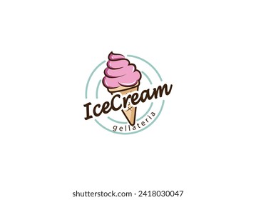 Logo Ice cream. Italian ice cream emblem. Ice cream in a waffle cone with letters in a circle.