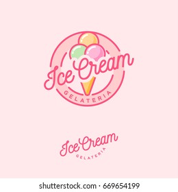 Logo Ice Cream. Italian Ice Cream Emblem. Ice Cream In A Waffle Cone With Letters In A Circle.