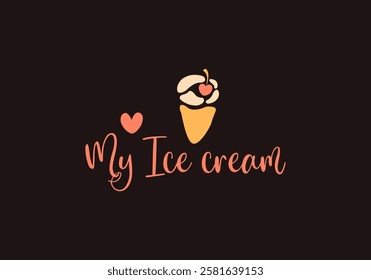 Logo for ice cream shop cup with cherry on brown - vector stylized illustration for signboard design, business cards, packaging, labels